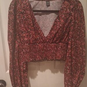 SHEIN Floral V-Neck Blouse - Black and Red